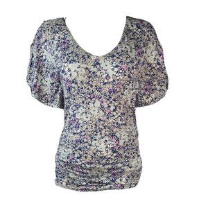 CABI Blue Pink Floral Flutter Ruched Shirt Top Womens Size M Medium Style #301